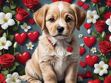 Captivating Canine Surrounded by Hearts and Roses: A Picture-Perfect Moment Explore adorable products