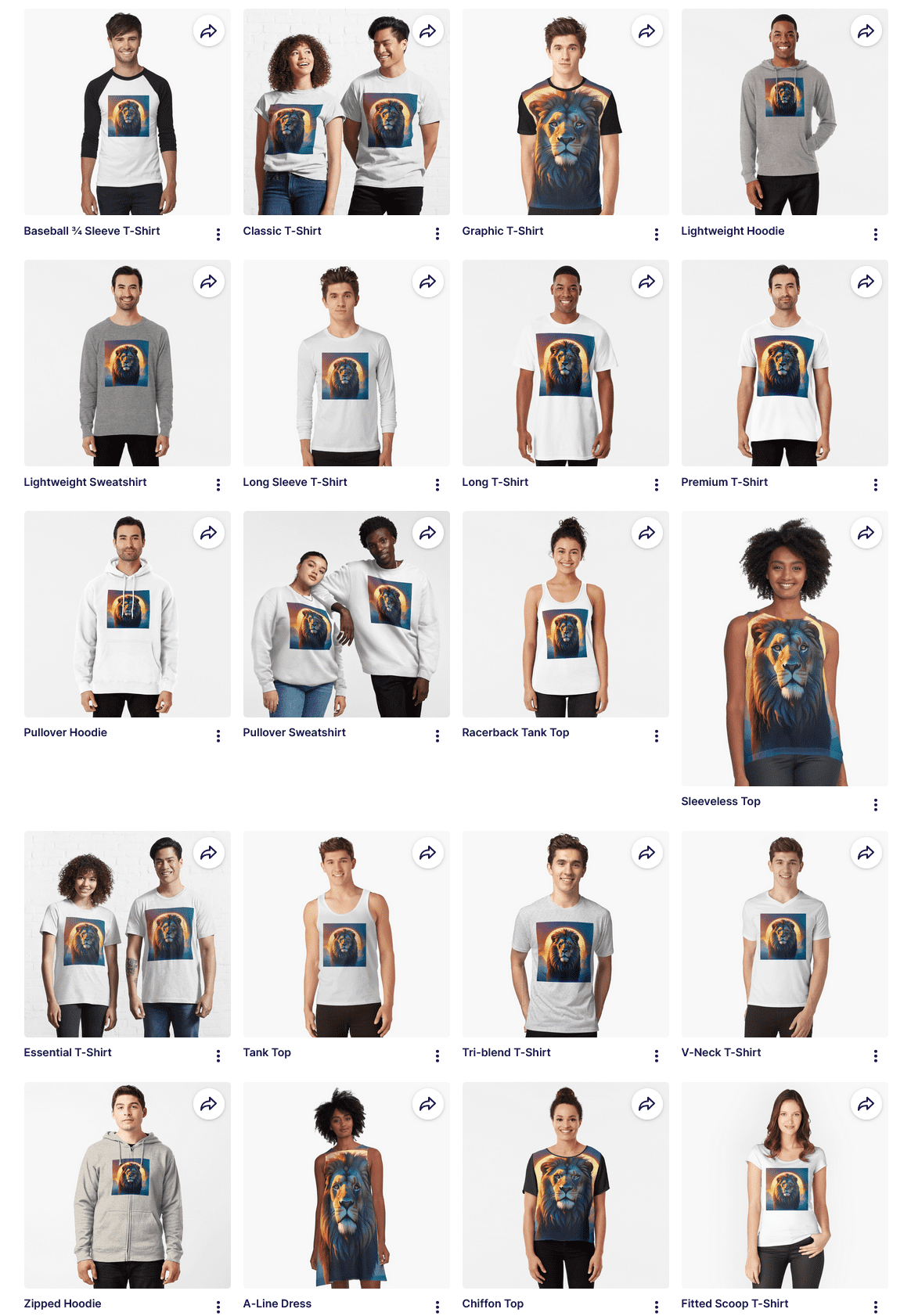 Lion print apparel collection with varied styles.