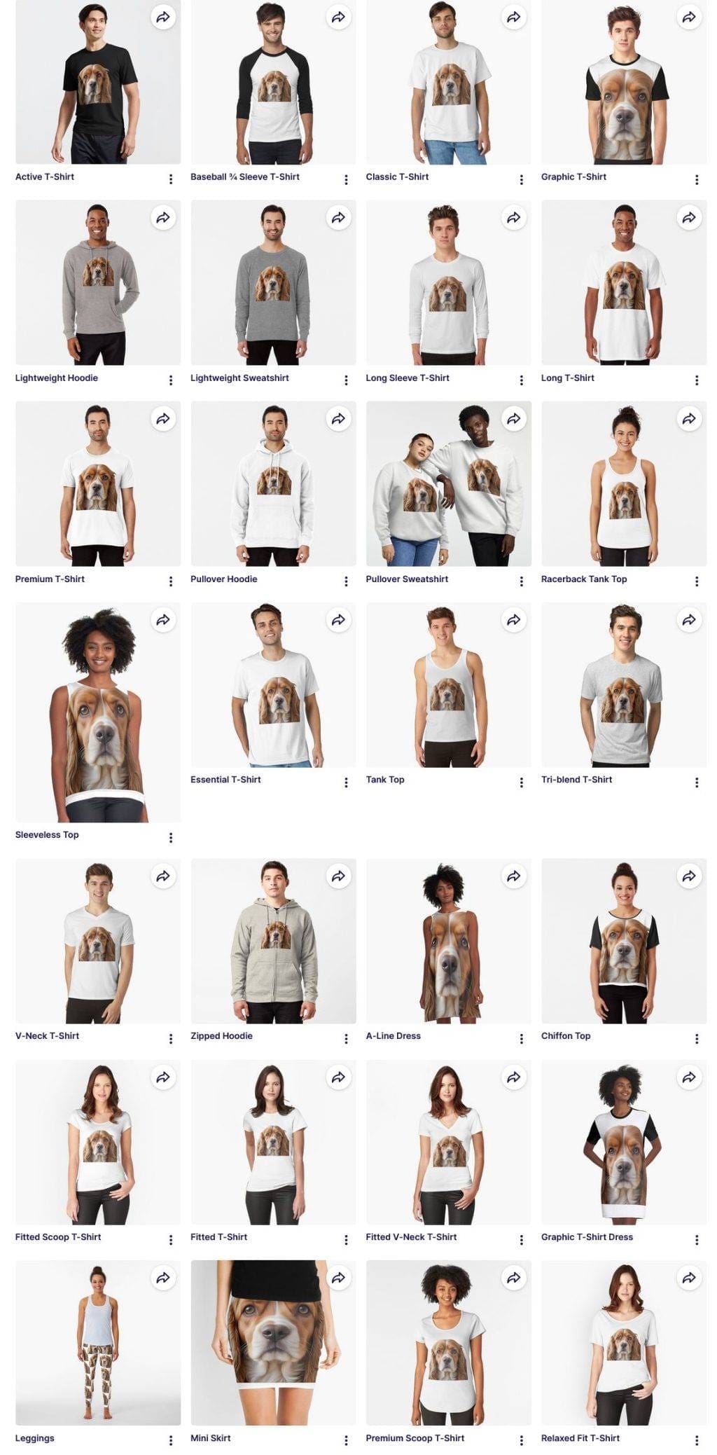 Clothing with dog face design in different styles.