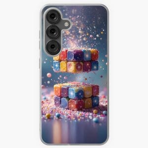Smartphone case with a colorful Rubik's Cube split and surrounded by sparkling particles and spheres