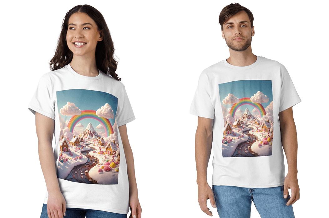 Classic t-shirt with gingerbread houses and rainbow design