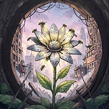 Buzzing Utopias: Robotic Bees & Metallic Flowers in a Cyberpunk Cityscape